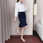 Set: 3/4-sleeve Collared Blouse + Fitted Skirt