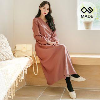 Shirred Long Textured Wrap Dress