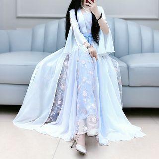 Embroidered Panel Long-sleeve Tie-waist Maxi A-line Dress