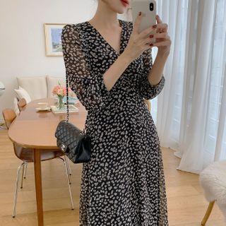 Floral V-neck Elbow-sleeve Midi Dress