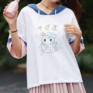 Cartoon Print Color Panel Elbow Sleeve Hoodie