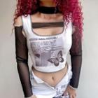 Lettering Skinny Tank Top With Mesh Arm Sleeve