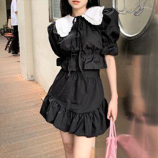 Puff-sleeve Bow Detail Blouse / Mini A-line Skirt