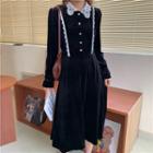 Crochet Collar Long-sleeve Velvet Midi A-line Dress