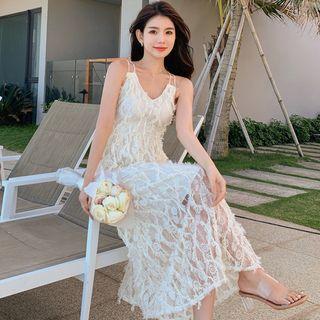 Spaghetti-strap Fringed Midi A-line Dress