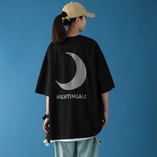 Elbow-sleeve Crescent Printed T-shirt