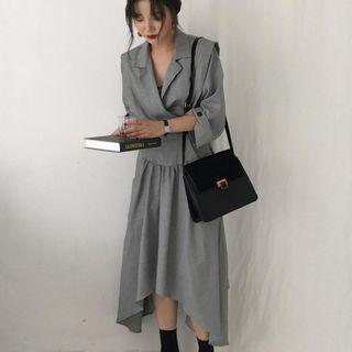 Notched Lapel 3/4-sleeve A-line Midi Dress