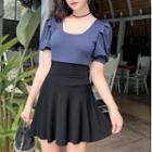 Set: Puff-sleeve Open-back Swimsuit + Swim Skirt