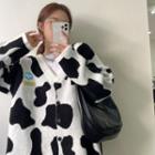 Lettering Patch Cow Print Cardigan