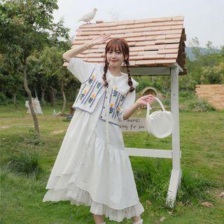 Set: Short-sleeve Lace Trim Midi Dress + Floral Knit Button-up Vest