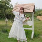 Set: Short-sleeve Lace Trim Midi Dress + Floral Knit Button-up Vest