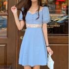 Square-neck Puff-sleeve Dress Blue - One Size