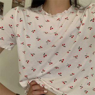 Short-sleeve Cherry Print Crop Top