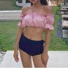 Set: Off-shoulder Puff-sleeve Swim Top + Bottom