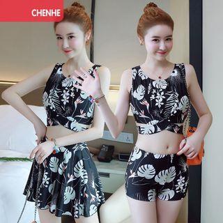 Set: Floral Tankini Top + Swim Shorts + Swimskirt
