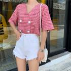 Check V-neck Short-sleeve Blouse Red - One Size