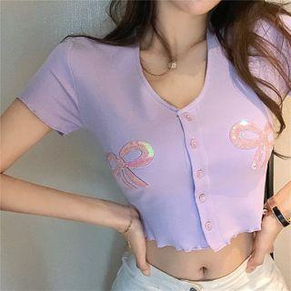 Short-sleeve Sequined Button-up Crop Top