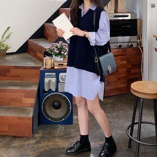 Slit-side Striped Shirtdress Navy Blue - One Size