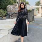 Mock Two-piece Long-sleeve Dotted Panel Midi Accordion Pleat Dress