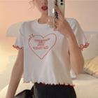 Short-sleeve Heart Print Lettuce Edge Cropped T-shirt