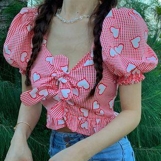 Heart Print Puff-sleeve Cropped Blouse As Shown In Figure - One Size