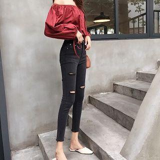 Plain Distressed High-waist Jeans