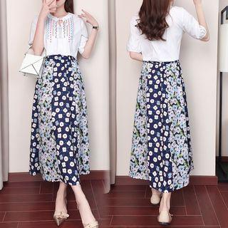 Set: Embroidered Short-sleeve Top + Floral Print Midi Skirt