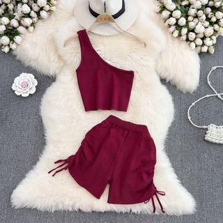 Set: Single Shoulder Crop Tank Top + Drawstring Shorts