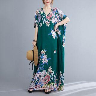 Short-sleeve Flower Print Maxi Shift Dress