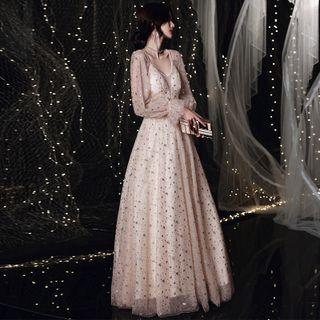 Long-sleeve Glitter Mesh A-line Gown