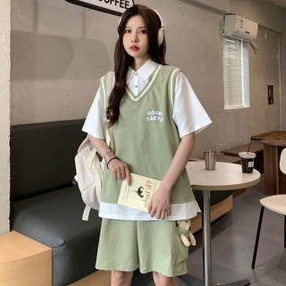 Set: Elbow-sleeve Mock Two-piece Top + Wide-leg Shorts