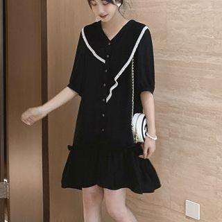 Contrast Trim Elbow-sleeve Chiffon Collared Dress