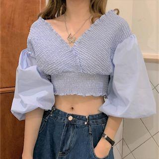 Elbow-sleeve Off-shoulder Shirred Crop Top