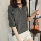 3/4-sleeve Tulle Panel Boucle Top