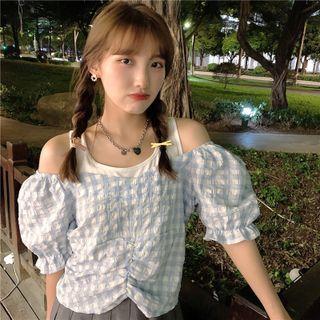 Cold-shoulder Mock Two-piece Plaid Blouse