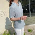 Open-placket Pleated-sleeve Top