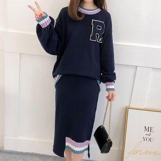 Set: Letter Applique Sweater + Midi Knit Skirt