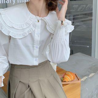 Lantern-sleeve Layered Collared Plain Blouse