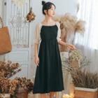 Two-tone Puff-sleeve Gathered-waist Dress