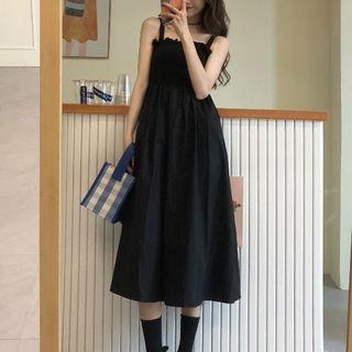 Spaghetti-strap Smocked Midi A-line Dress Black - One Size