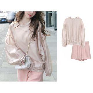 Long-sleeve Silky Blouse / Wide Leg Shorts