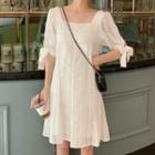 Tie-cuff Elbow-sleeve Dotted A-line Dress