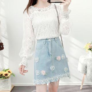 Set: Long-sleeve Lace Top + Floral Applique Denim A-line Mini Skirt