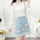 Set: Long-sleeve Lace Top + Floral Applique Denim A-line Mini Skirt