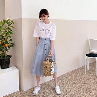 Button-front Flared Midi Skirt Sky Blue - One Size