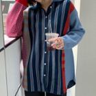 Color-block Knit Long-sleeve Button-up Polo Shirt