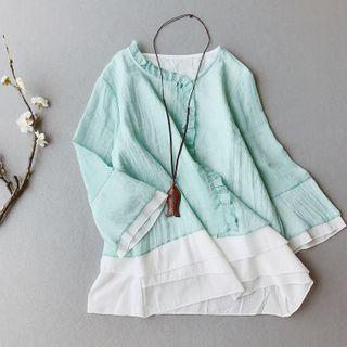 Long-sleeve Frill Trim Linen Blend Blouse