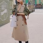 Stand Collar Double Breasted Color Block Tie-waist Trench Coat