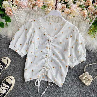 Floral Printed Drawstring Short-sleeve Chiffon Blouse