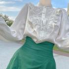 Long-sleeve Stand Collar Lace Panel Ruffled Blouse